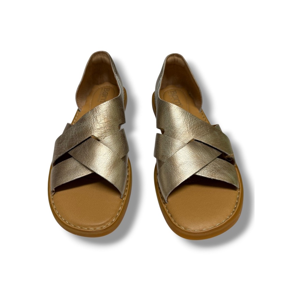 Born Ithica Womens 6M Light Gold Metallic Leather Cross Strap Comfort Sandals